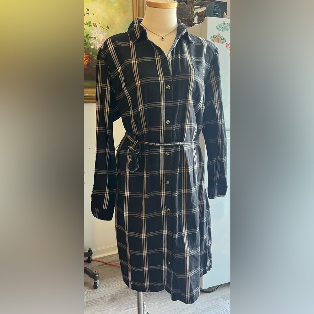 Laura Scott Black Plaid Long Sleeve COTTON Dress Large - Picture 2 of 12